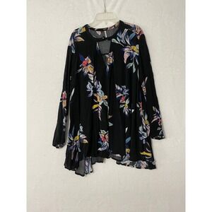 Free People Electric Orchicd Black Floral Keyhole Long Sleeve Tunic Blouse Sm